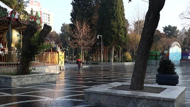 Baku - Azerbaijan: 2 January 2021. Empty streets with closed shops, bars and restaurants in Baku during Covid-19 pandemic and lockdown.