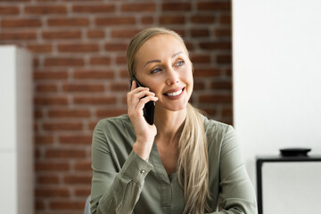 Business Desk Communication. Young Woman Talking