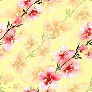 seamless pattern of branches with Japanese sakura flowers on a yellow background
