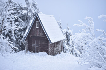 Hut in snow, winter hut, Winter landscape, trees covered by snow, winter mountains, hut covered by snow, away from civilization