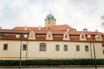 Fototapeta na wymiar Podebrady Castle at River Labe, view from inner courtyard side, clock tower, historical spa town, Podebrady, Central Bohemia, Czech Republic