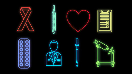 Set of bright luminous multi-colored medical neon signs for a pharmacy store or hospital scientific laboratory beautiful shiny with medicine icons objects on a black background. illustration