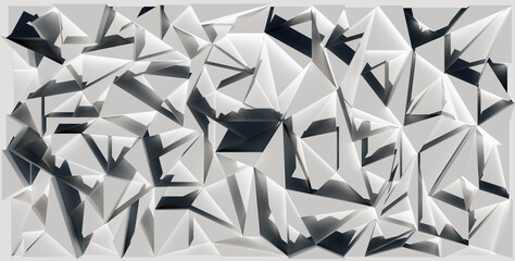 3D render background of abstract triangle forms in grey colour with shadows.