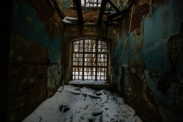 Inside old Orlovka Asylum for the insane in Voronezh Region. Dark creepy abandoned mental hospital