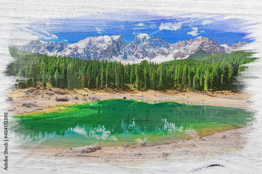 Wall mural turquoise carezza lake in dolomites, watercolor painting