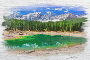 Turquoise Carezza lake in Dolomites, watercolor painting