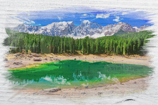 Turquoise Carezza lake in Dolomites, watercolor painting © shaiith