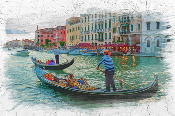 Gondoliers sailing with tourists on the Grand Canal, watercolor painting