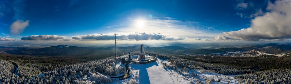 Aerial view, transmission tower of the Hessischer Rundfunk, Grosser Feldberg in winter over the snowfall boundary, Hesse, Germany,