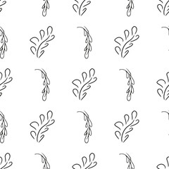 Doodle simple vector seamless pattern of hand-drawn leaves. Seamless pattern of hand-drawn branches. Big floral botanical set. Isolated on white background.