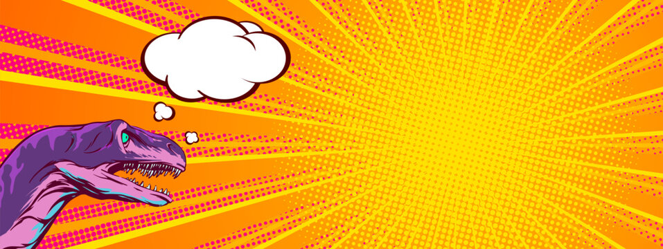 Fototapeta Horizontal banner for product presentation in pop art style and customer reaction. Comic illustration with a talking dinosaur head. Vector clipart