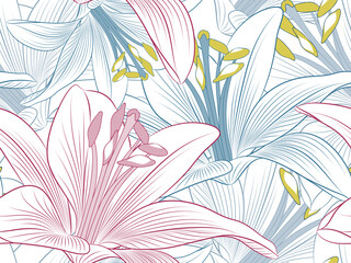 Seamless hand-drawing floral pattern with flower lilies.