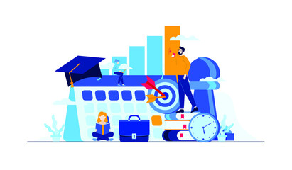 business management education with mini people flat illustration