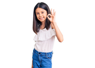 Obraz na płótnie Canvas Beautiful child girl wearing casual clothes smiling positive doing ok sign with hand and fingers. successful expression.