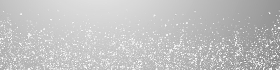 Amazing falling stars Christmas background. Subtle flying snow flakes and stars on grey background. Breathtaking winter silver snowflake overlay template. Comely panoramic illustration.