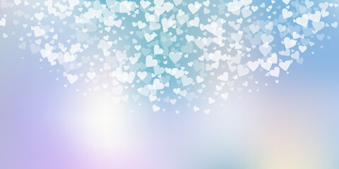 White heart love confettis. Valentine's day semicircle exceptional background. Falling transparent hearts confetti on pinkish background. Exquisite vector illustration.