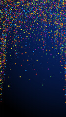 Festive neat confetti. Celebration stars. Rainbow confetti on dark blue background. Glamorous festive overlay template. Vertical vector background.