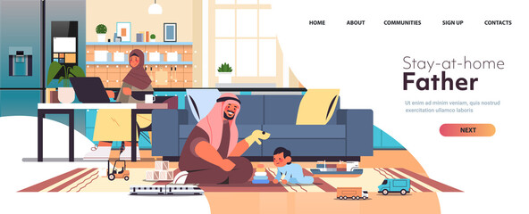 friendly arab family spending time together mother using laptop father playing with little son at home parenting concept modern kitchen interior horizontal full length copy space vector illustration
