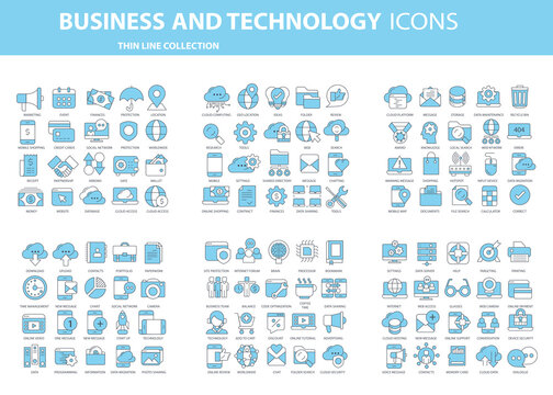 Business and marketing, programming, data management, internet connection, social network, computing, information. Thin line blue icons set. Flat vector illustration	
