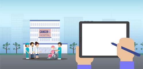 Blank screen tablet with cancer hospital
