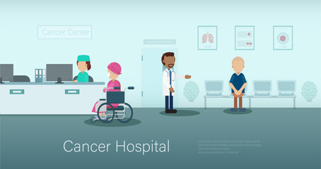 Cancer hospital banner with doctor and patients flat design vector illustration