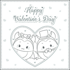 happy valentines day cute bat drawing post card big heart sketch for coloring
