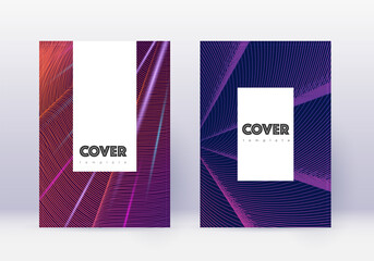 Hipster cover design template set. Violet abstract lines on dark background. Comely cover design. Alive catalog, poster, book template etc.