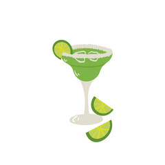 Hand drawn style of vector Illustraction of margarita cocktail and lime.