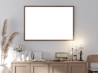 Vintage style blank picture frame 3d render,There are white wall decorate with wooden cabinet and retro object.