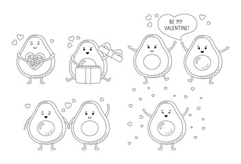 Avocado cartoon black line character set for greeting card Valentines Day. Hand drawn funny cute kawaii avocados with hearts balloon, gift and dialog speech bubble. Romantic love vector illustration