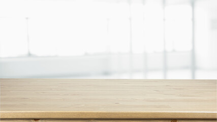 Empty Wood table on blur kitchen window background for panoramic banner
