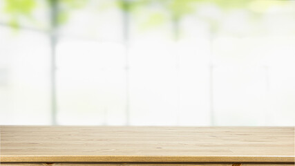 Empty Wood table on blur kitchen window background for panoramic banner