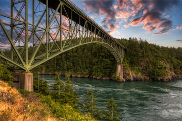 Iconic Bridge, Deception Pass, on the West Pacific Ocean Coast. Washington, United States. Colorful...