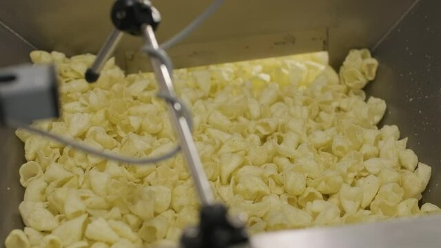 Production factory line moves golden potato chips after frying. Production line of the pasta factory