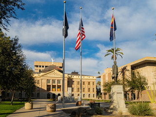 Exterior view of the Arizona State Capitol and Memorial Lt. Frank Luke Jr. Statue