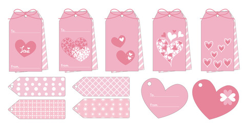 Valentine's day concept. Decorative gift tags illustration. Heart decoration label design. Vector illustration. バレンタインタグ、バレンタインイラスト、プレゼントラベルデザイン、ハートデコレーションタグセット