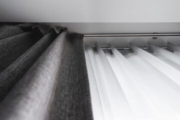 Two layers curtain with rails, installed on ceiling