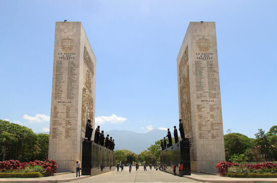 CARACAS, VENEZUELA-MAY 17, 2015: Statues of important Venezuela's independence heroes are seen at the Monumento a Los Proceres. This important monument was built in the 1940s.