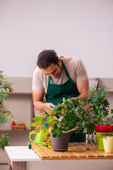 Young male gardener with plants indoors