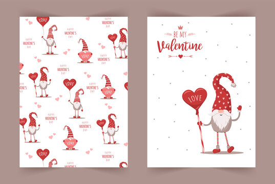 Happy Valentine day greeting cards. Cute nordic gnomes in hat with candy. Scandinavian design element for poster, banner, postcard, flyer, gift tags and labels. Vector illustration in cartoon style.