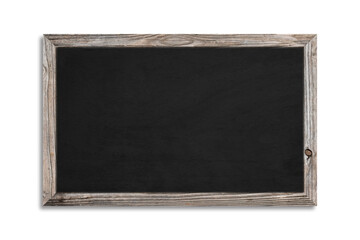 Black wooden chalkboard on white background with clipping path . Promotion and details concept