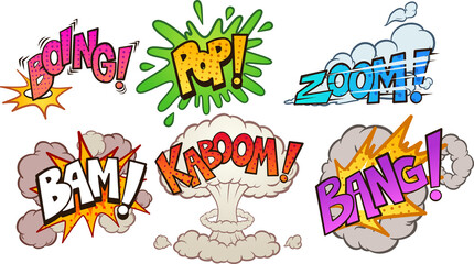 Comic book cartoon sound effects pop art style. Vector clip art illustration with simple gradients. Each on a separate layer.
