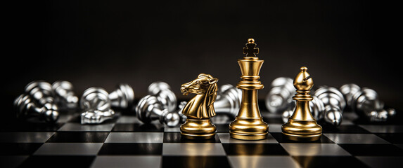 King Queen and knight chess team standing on chess board with chess that falling in the back concepts of business team and leadership strategy and organization risk management.