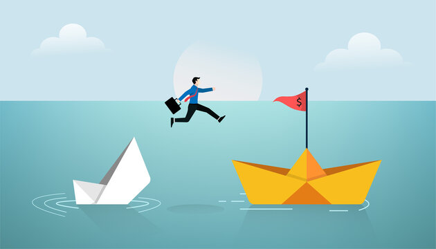 Businessman jump over new paper ship concept. Business symbol vector illustration