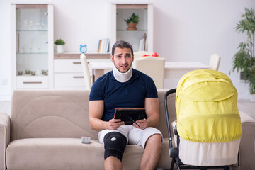 Young injured man looking after newborn in unrequited love