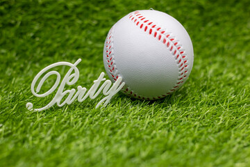 Baseball is on green grass background