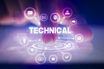 Finger touching tablet with web technology icons and TECHNICAL inscription, web technology concept