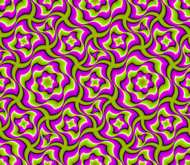 Green and pink wrapping paper with flowers. Optical illusion of movement. Seamless pattern.