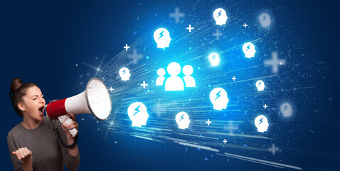 Fototapeta premium Young person yellin in loudspeaker with people icon, social networking concept