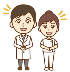 笑顔の医者の男性と看護師の女性の正面向き全身イラスト